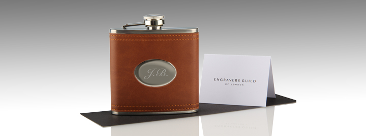 hip flask with brown leather wrap and personalised engraving