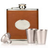 Real brown leather personalised hip flask gift set