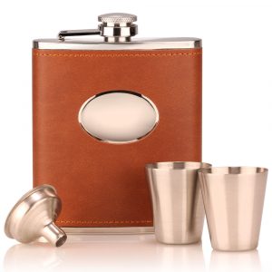 engraved leather brown hip flask gift
