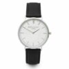 silver case black leather strap watch