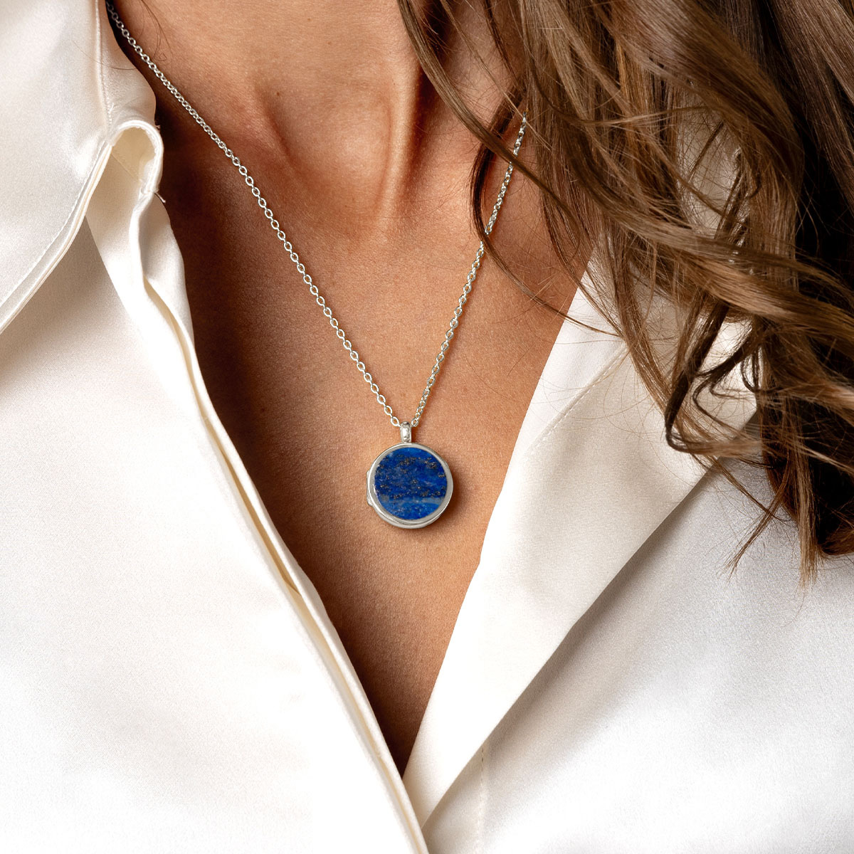 Modern Lapis Silver Round Engraved Locket | Engravers Guild