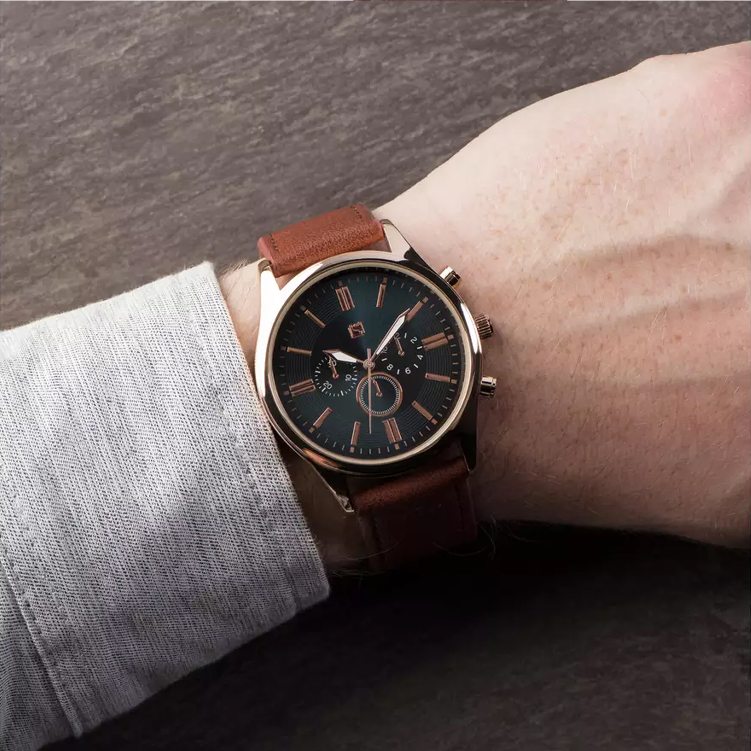 Brown Strap Mens Watch with Navy Dial | Engravers Guild