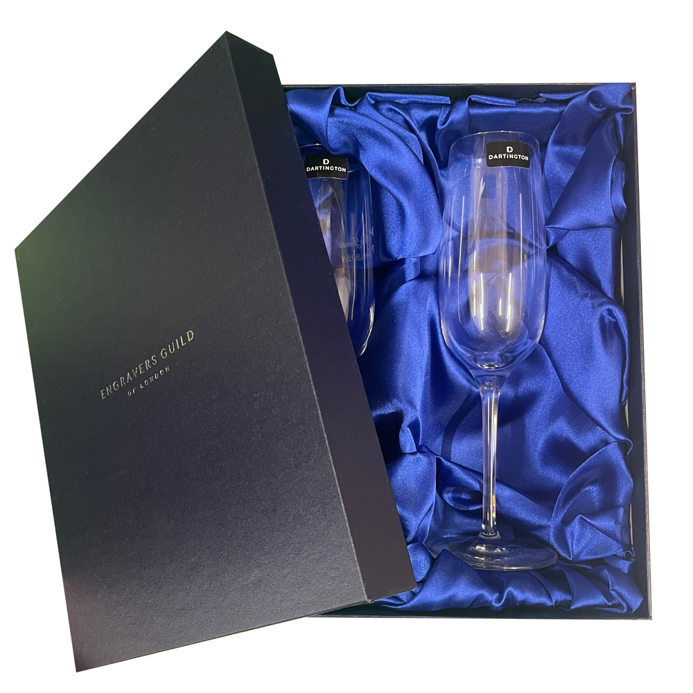 Pair of Dartington Crystal Champagne Glasses Engravers Guild