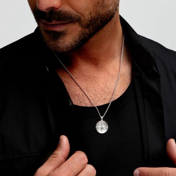 Mens Silver Compass Necklace