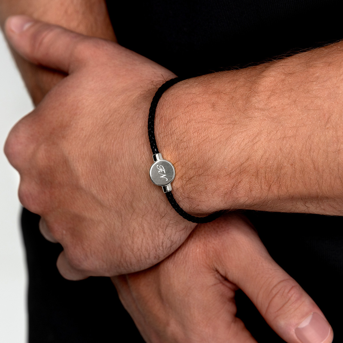 Men's Braided Cord Bracelet With Circular Urn - Silver