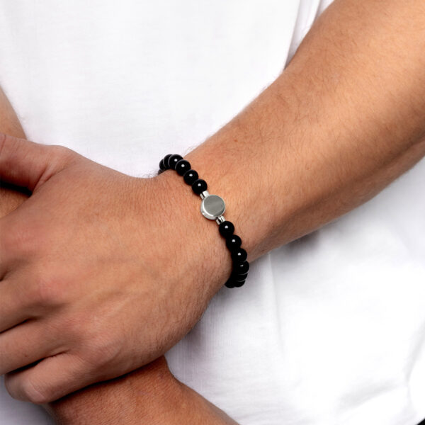 Men's Large Beaded Black Agate Urn Bracelet - Silver