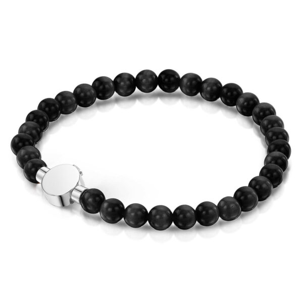 Small Beaded Black Agate Urn Bracelet - Sivler