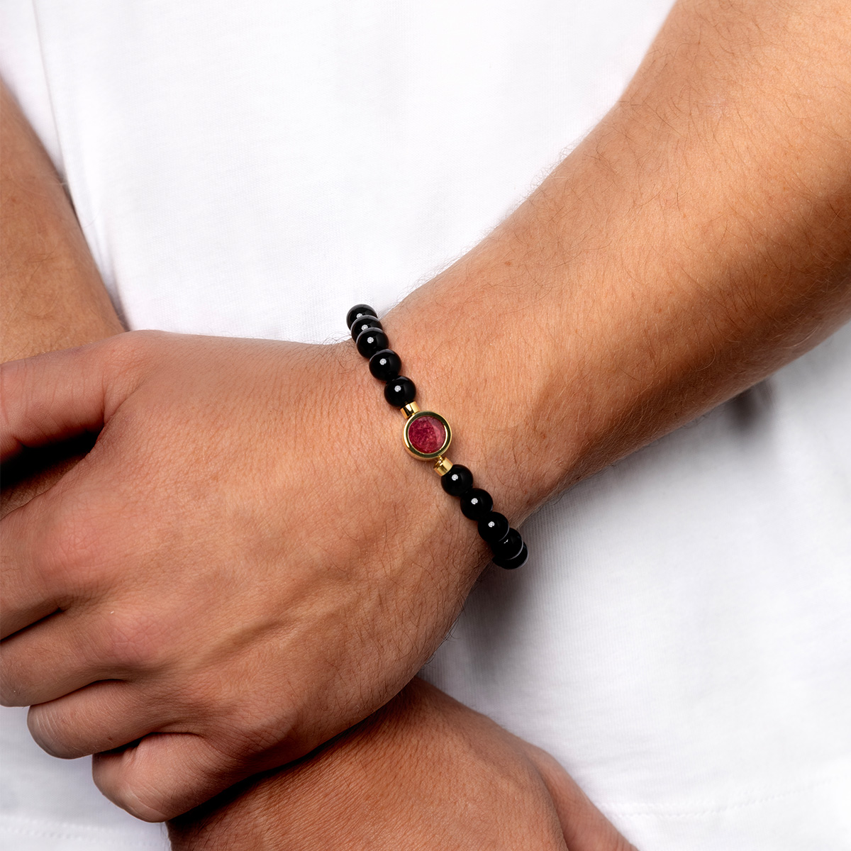 Men's Large Beaded Black Agate Ashes Resin Bracelet - Gold