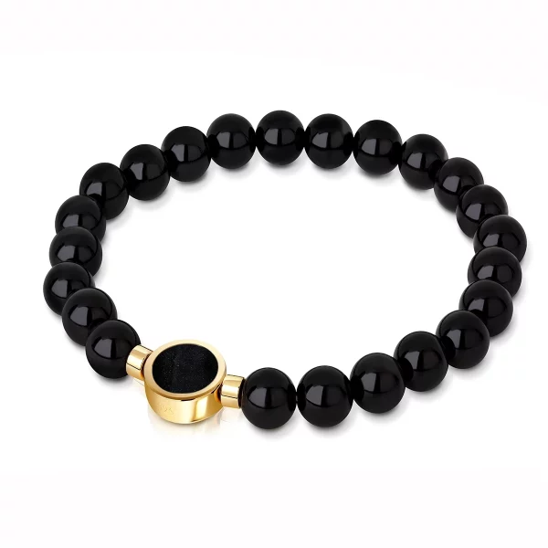 Men's Large Beaded Black Agate Ashes Resin Bracelet - Gold