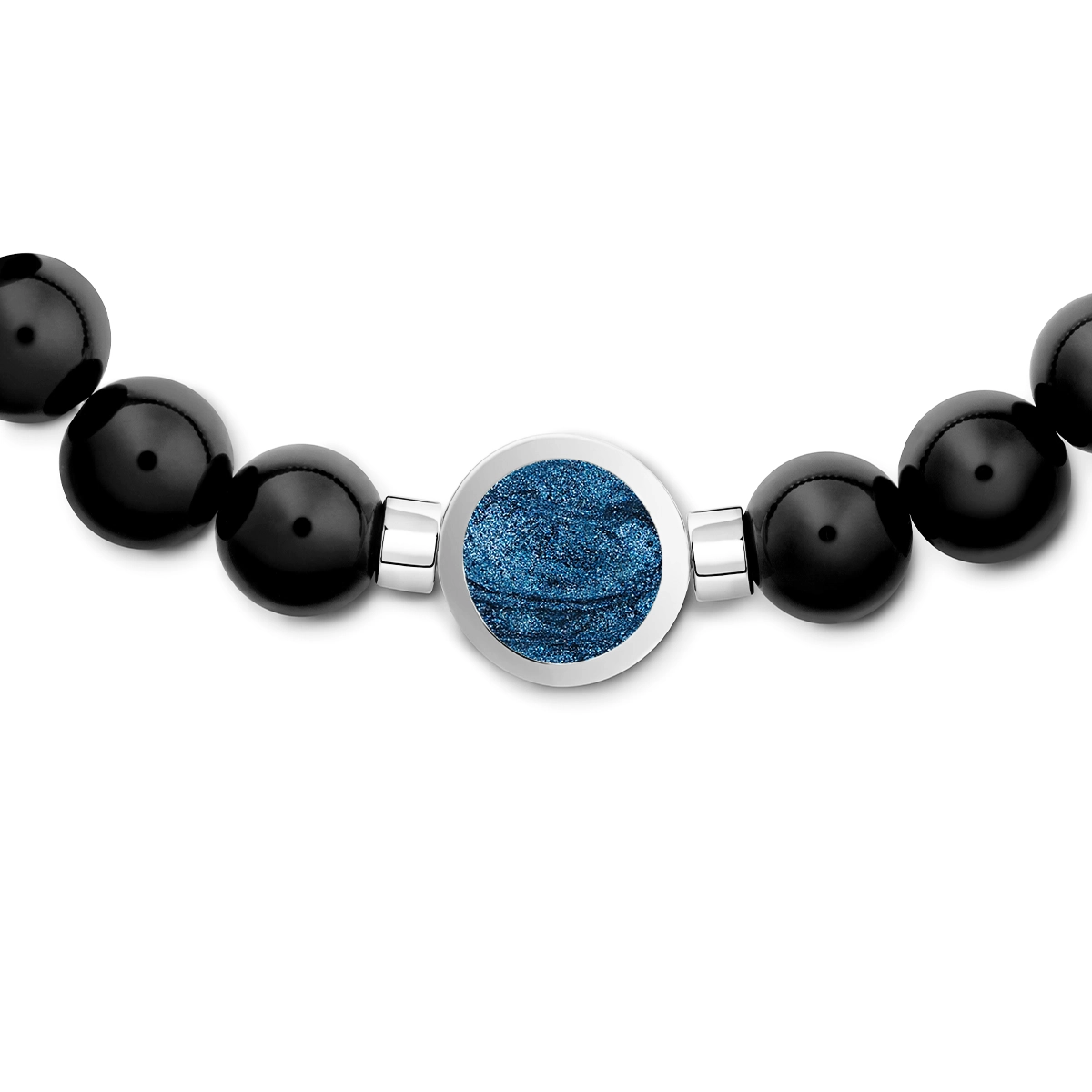 Men's Large Beaded Black Agate Ashes Resin Bracelet - Silver
