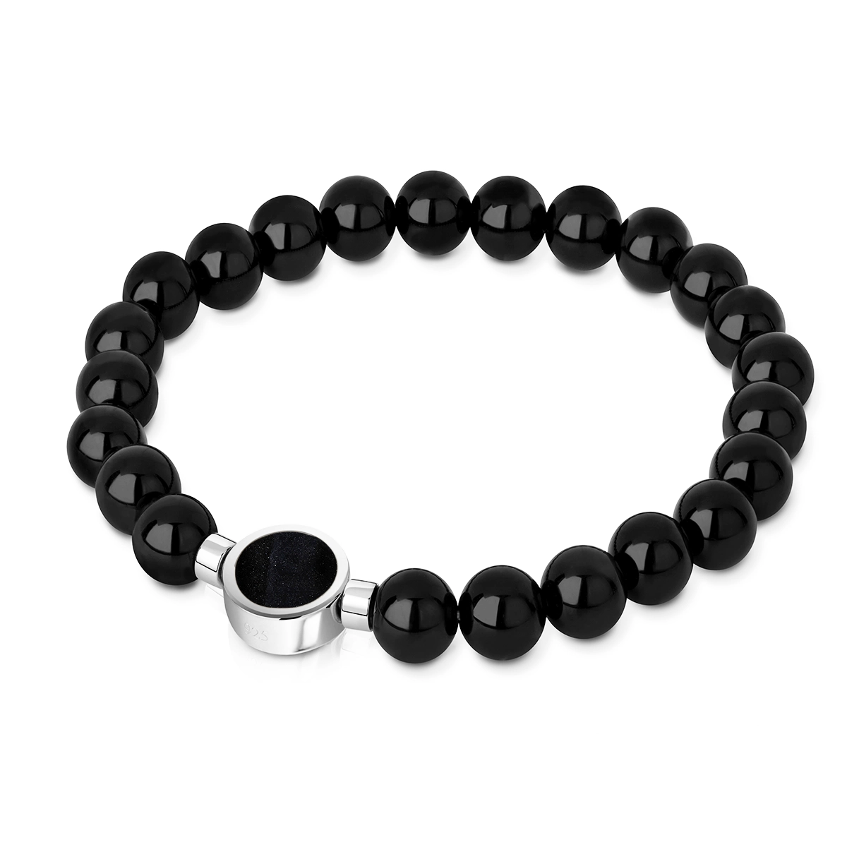 Men's Large Beaded Black Agate Ashes Resin Bracelet - Silver