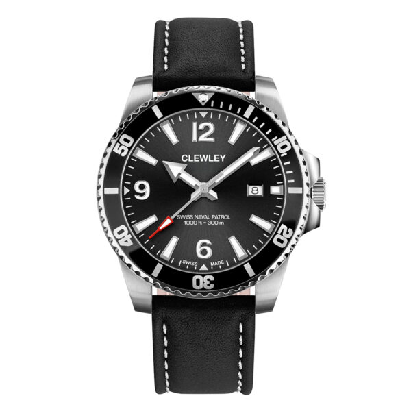 Clewley Submariner Watch - Black Leather Strap