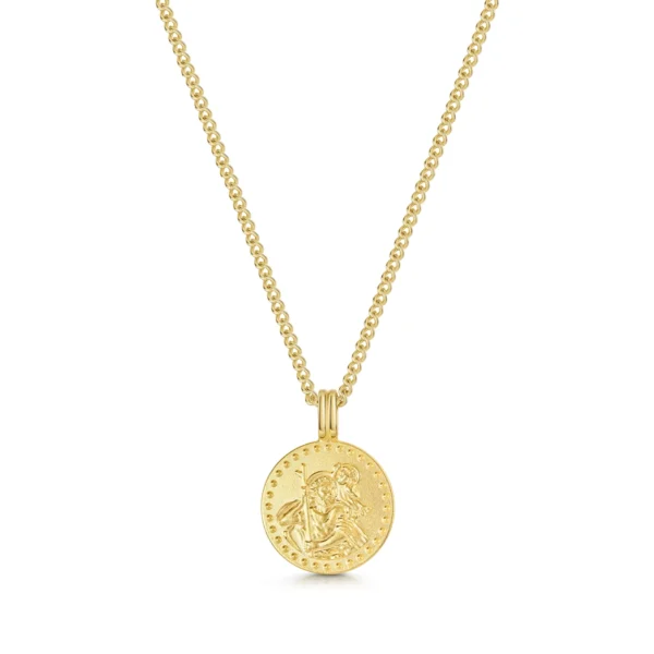St Christopher Round Necklace with Dotted Beaded Border - Gold