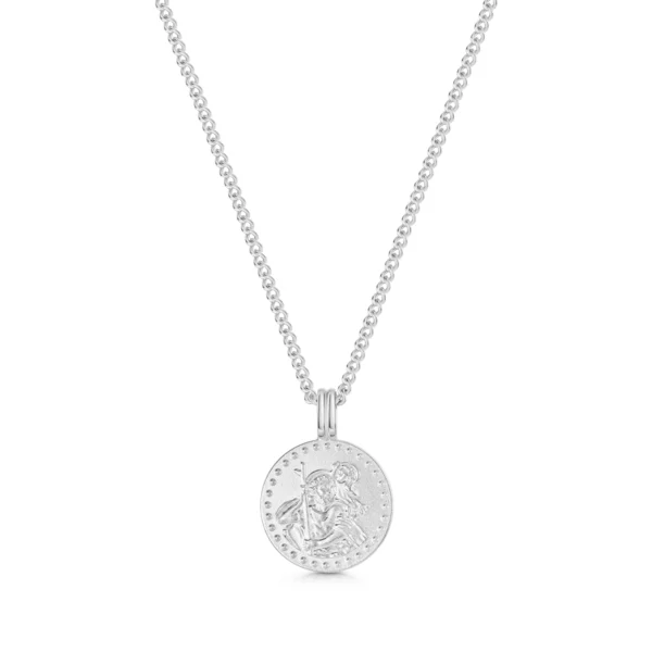 St Christopher Round Necklace with Dotted Beaded Border - Silver