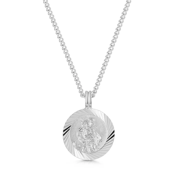 St Christopher Silver Necklace – Round Ridged-Edge
