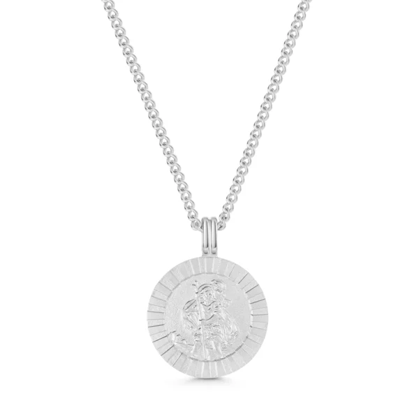 St Christopher Silver Necklace – Round Sunburst