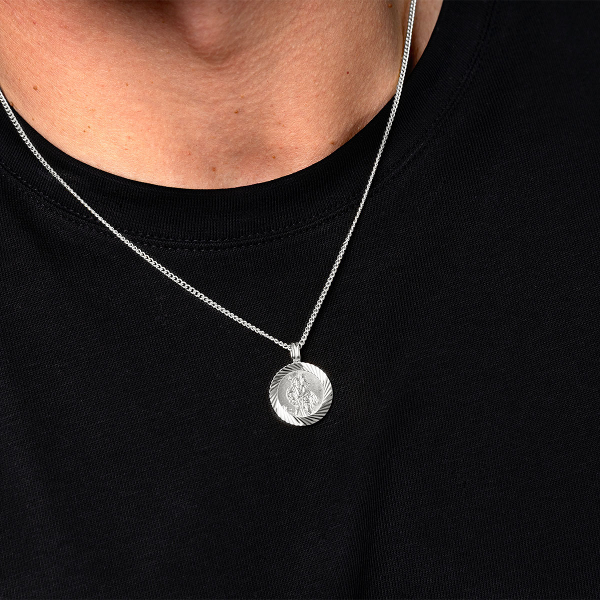 St Christopher Silver Necklace – Round Ridged-Edge