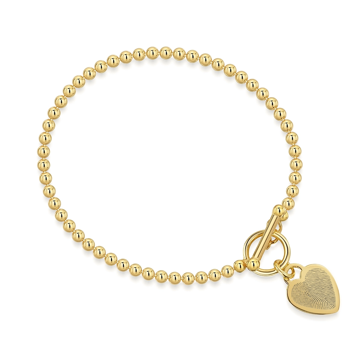 Fingerprint Personalised Bracelet T-Bar Heart on Bead Chain – Gold