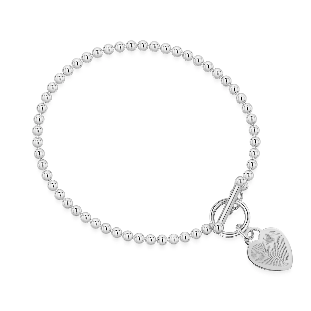 Fingerprint Personalised Bracelet T-Bar Heart on Bead Chain – Silver