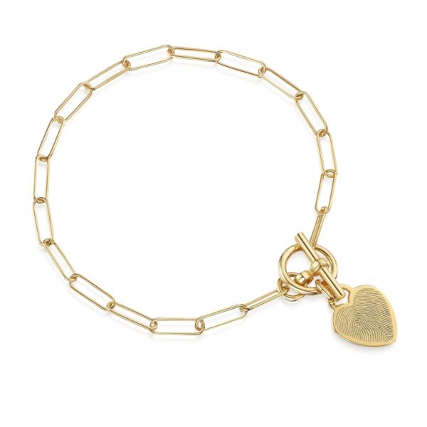 Fingerprint Personalised Bracelet T-Bar Heart on Paperclip Chain – Gold