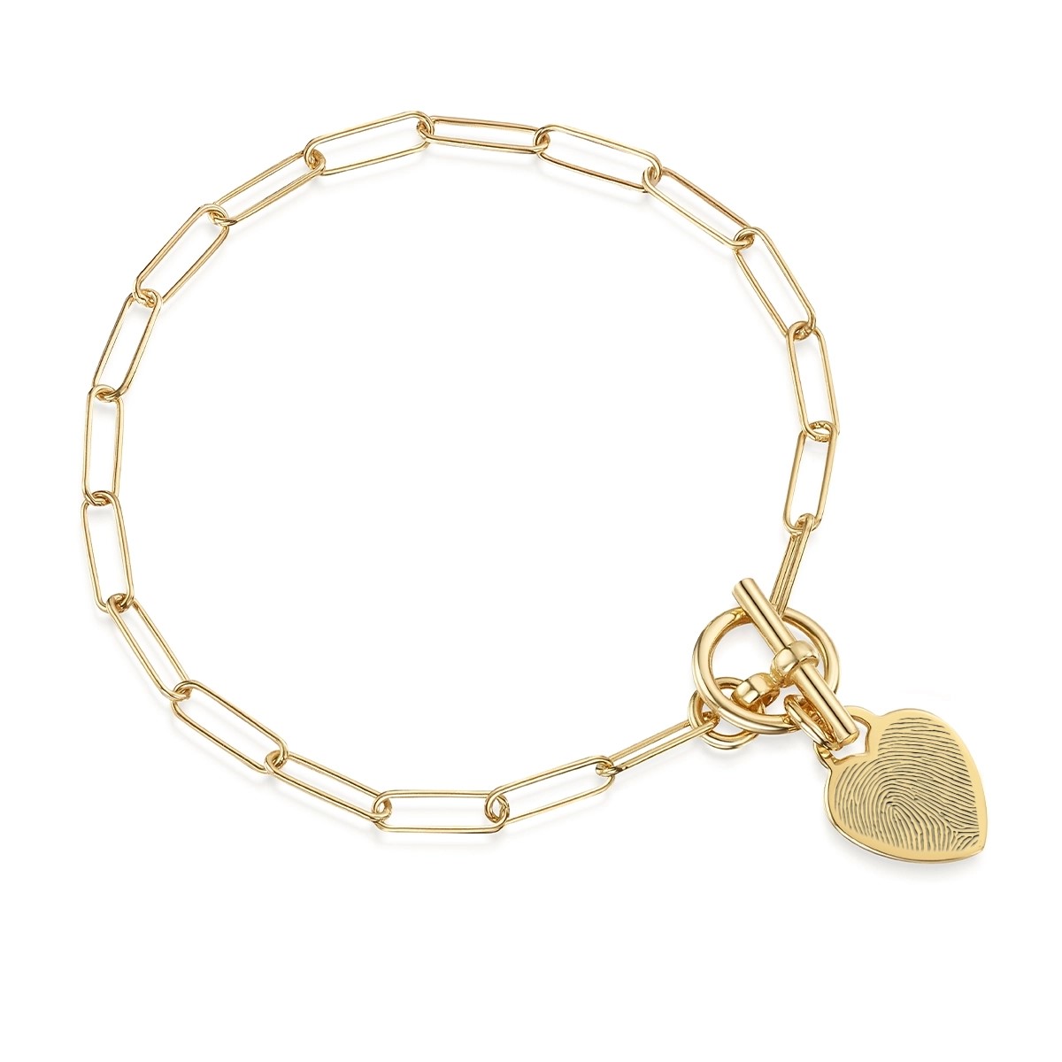 Fingerprint Personalised Bracelet T-Bar Heart on Paperclip Chain – Gold