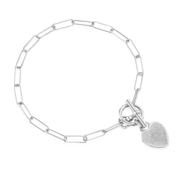 Fingerprint Personalised Bracelet T-Bar Heart on Paperclip Chain – Silver