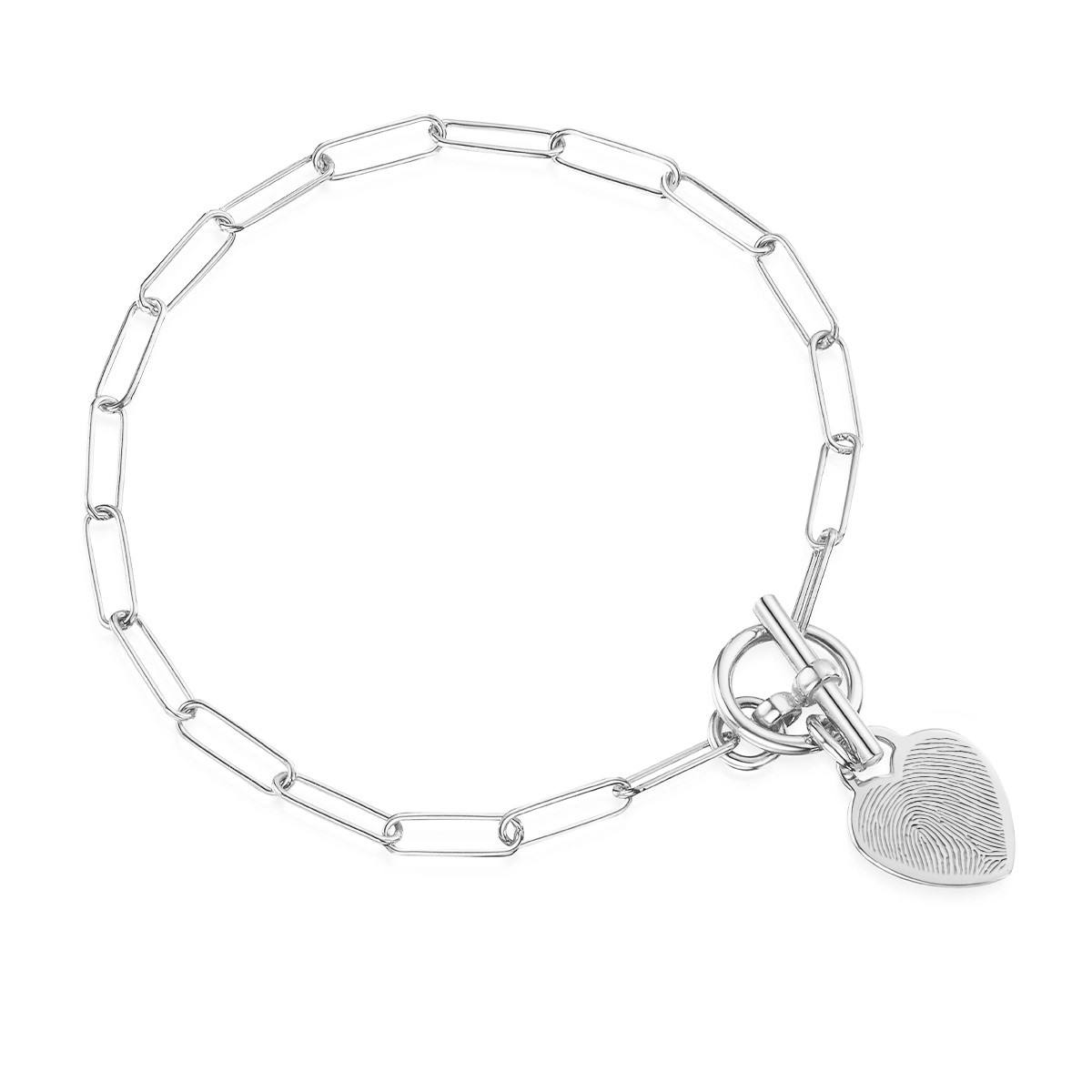 Fingerprint Personalised Bracelet T-Bar Heart on Paperclip Chain – Silver