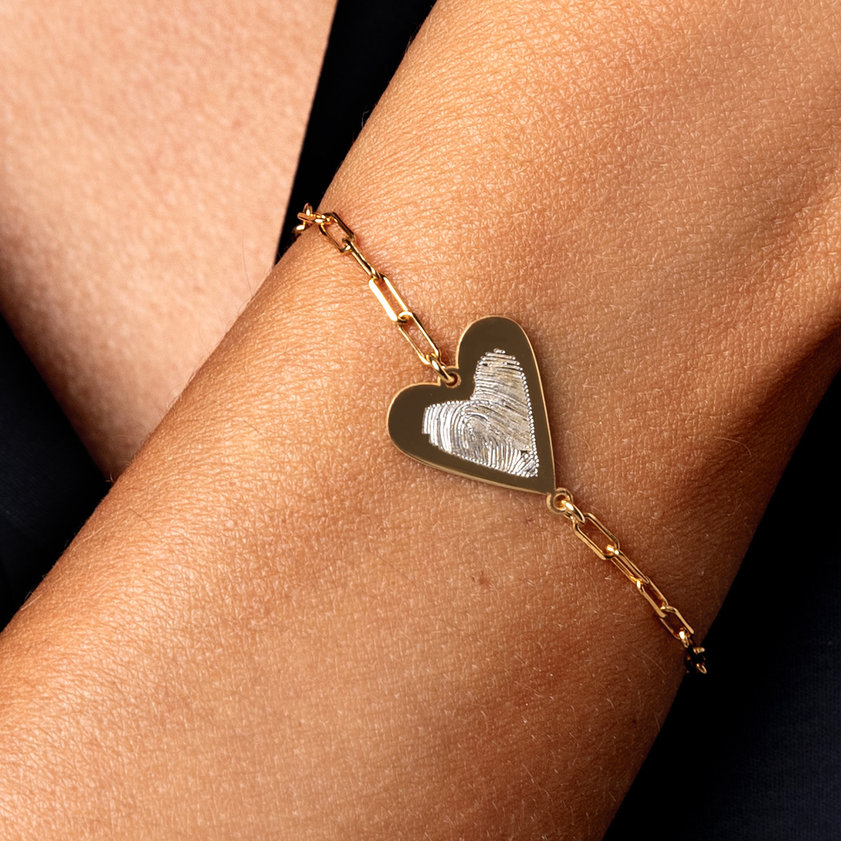 Fingerprint Personalised Heart Pendant on Paperclip Chain Bracelet - Gold