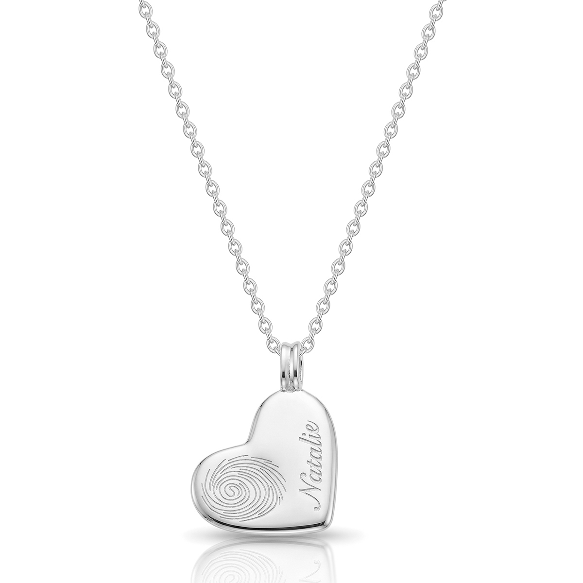 Name & Fingerprint Drop Heart Necklace - Silver