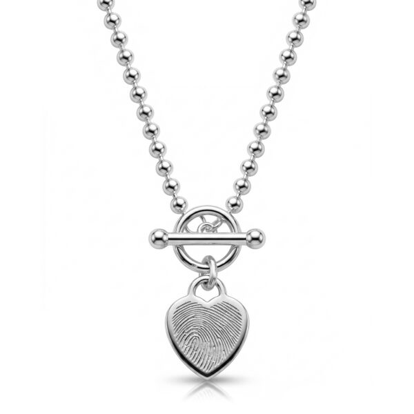 Fingerprint Bead Chain T-Bar Heart Necklace – Silver