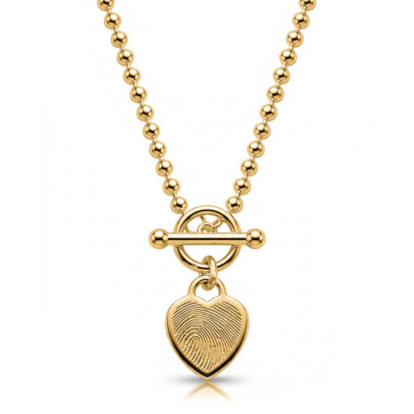 Fingerprint Bead Chain T-Bar Heart Necklace – Gold