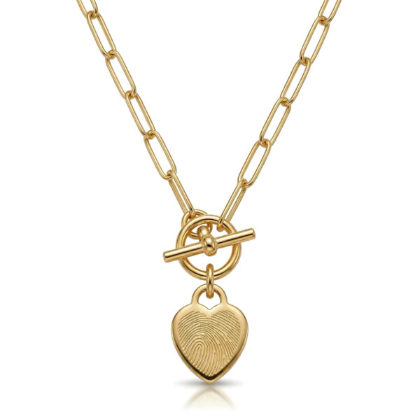 Fingerprint T-Bar Paperclip Chain with Heart Pendant – Gold