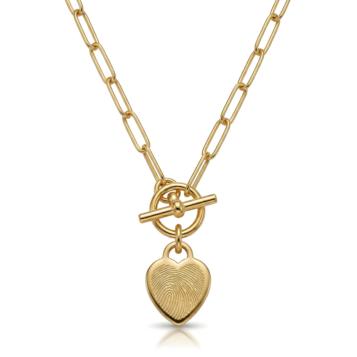 Fingerprint T-Bar Paperclip Chain with Heart Pendant – Gold