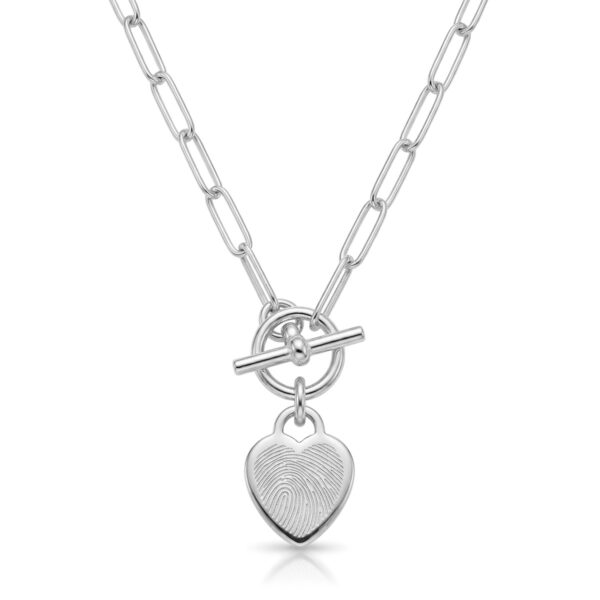 Fingerprint T-Bar Paperclip Chain with Heart Pendant – Silver