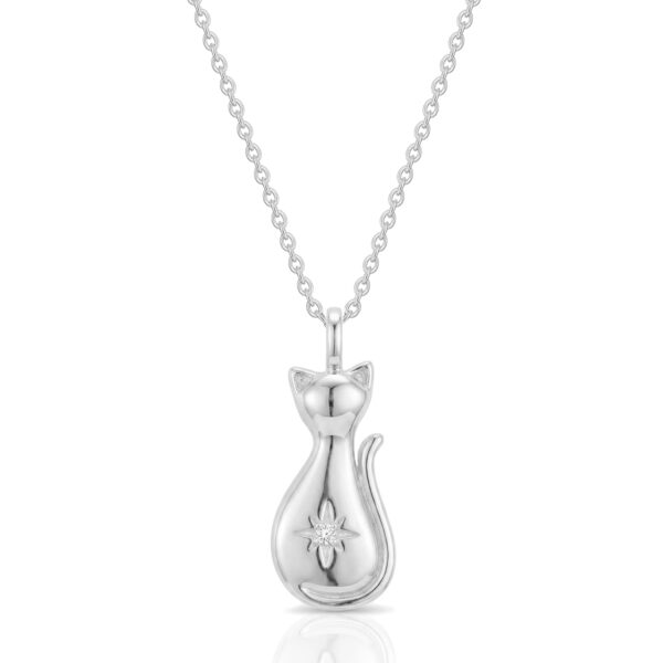 Cat Silhouette With Crystal Urn Necklace - Silver