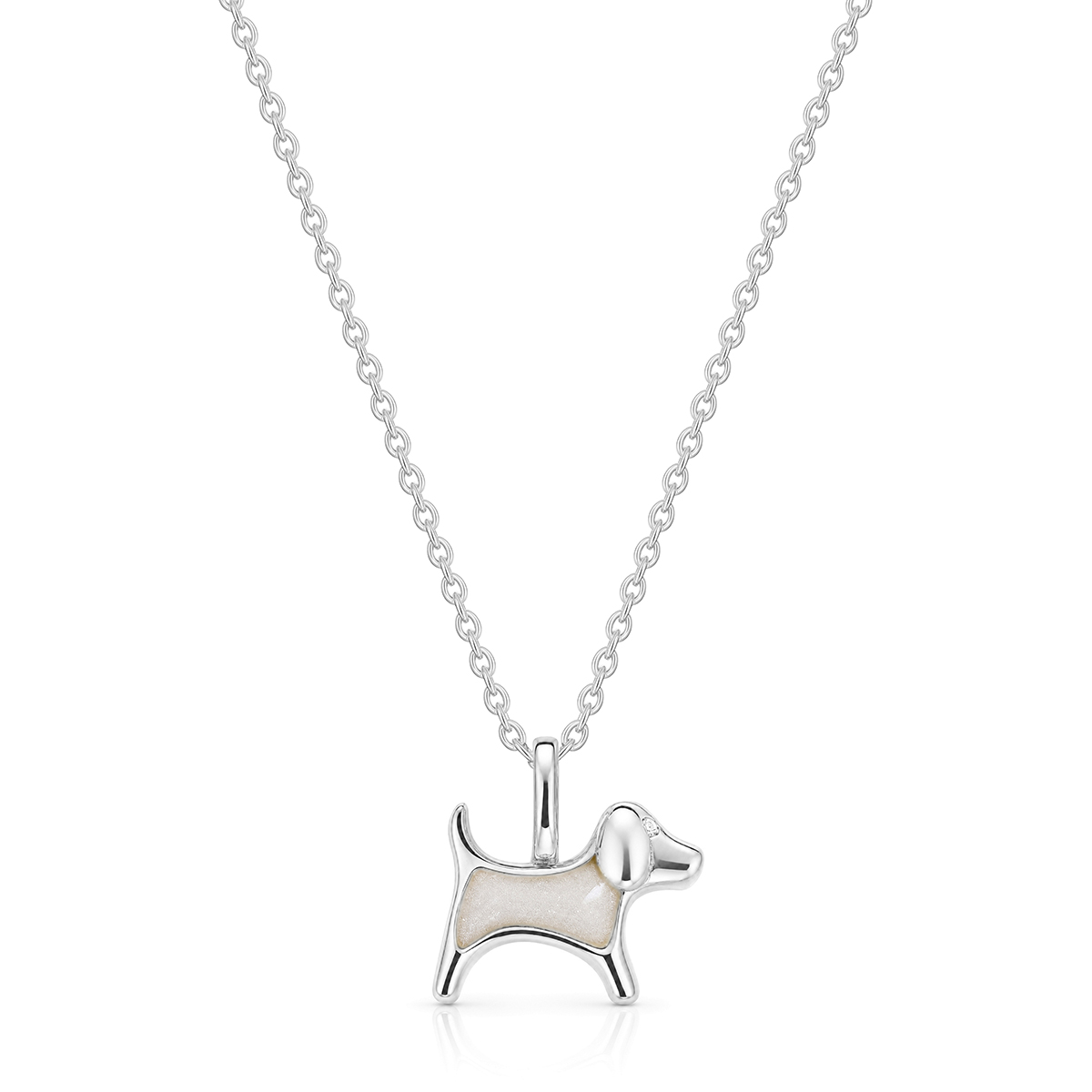 Small Dog Silhouette Ashes Resin Necklace With Tiny Crystal - Silver