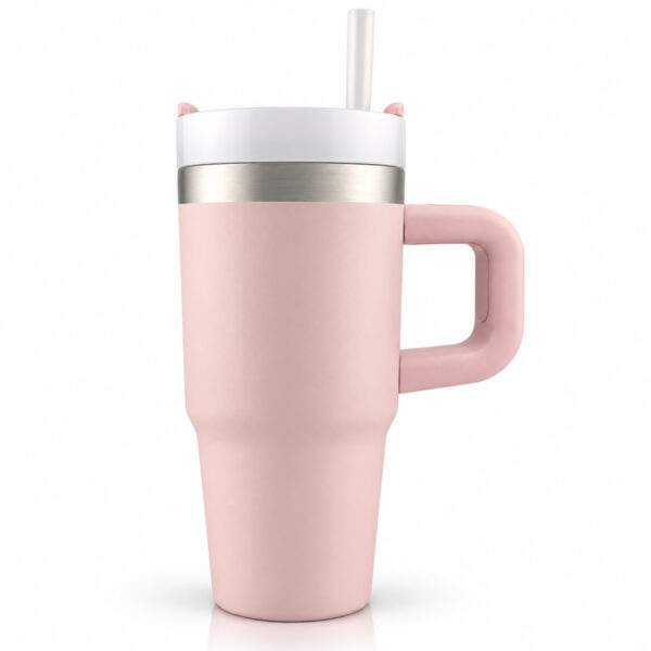Personalised Insulated Travel Cup with Handle & Straw – Pink